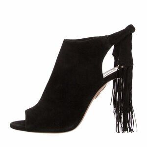 AQUAZZURA Fringe Peep Toe Bootie Black Suede